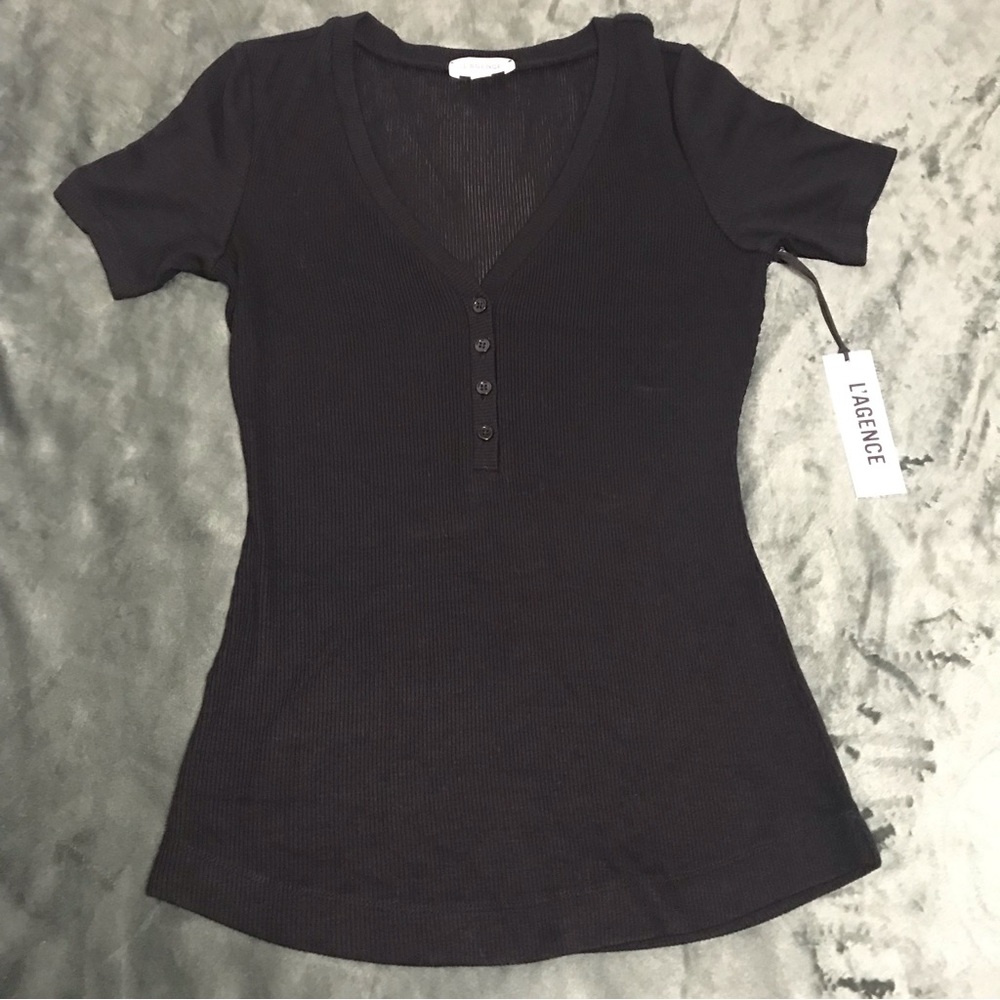L'AGENCE Ribbed Fitted Shirt Tee Top Short - Sleeve Black Size XS PROTO SAMPLE